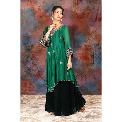 House of Supriya Asymmetrical Green Kurta With Embroidery With Sharara and Slip (Set of 3)