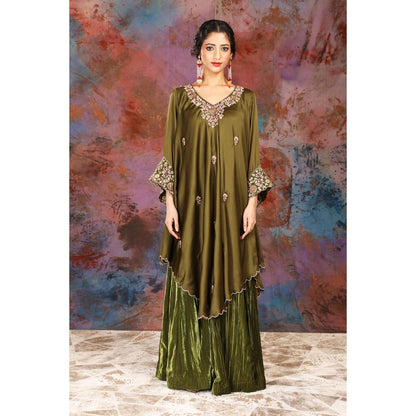 House of Supriya Asymmetrical Olive Kurta With Embroidery With Sharara and Slip (Set of 3)