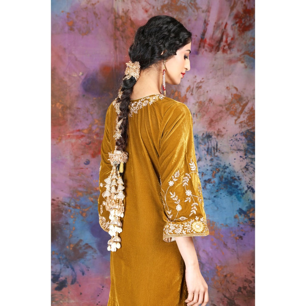 House of Supriya Full Jaal Embroidered Mustard Kurti Paired With Palazzo (Set of 2)