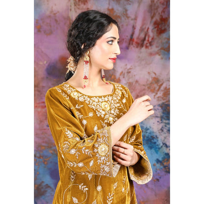 House of Supriya Full Jaal Embroidered Mustard Kurti Paired With Palazzo (Set of 2)