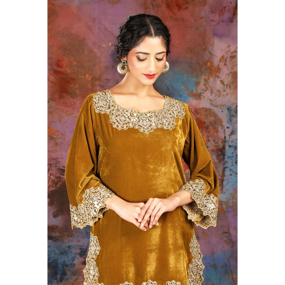 House of Supriya Intricate Mirror Embroidered Mustard Kurti Paired With Sharara (Set of 2)