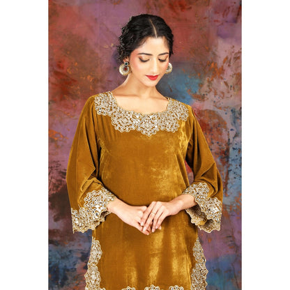 House of Supriya Intricate Mirror Embroidered Mustard Kurti Paired With Sharara (Set of 2)