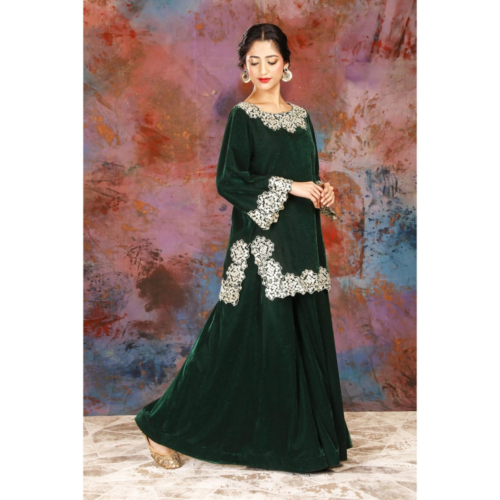 House of Supriya Intricate Mirror Embroidered Green Short Kurti Paired With Sharara (Set of 2)