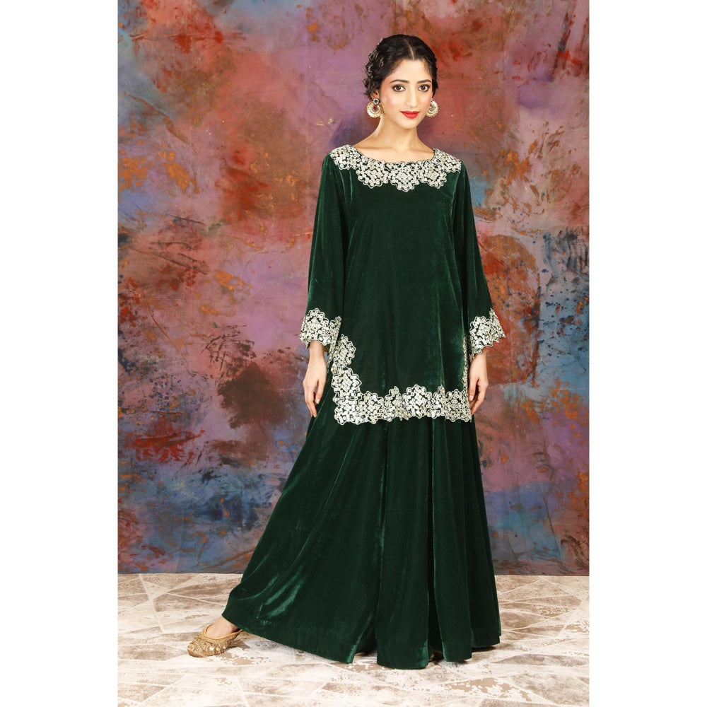 House of Supriya Intricate Mirror Embroidered Green Short Kurti Paired With Sharara (Set of 2)
