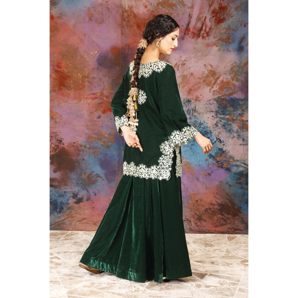 House of Supriya Intricate Mirror Embroidered Green Short Kurti Paired With Sharara (Set of 2)