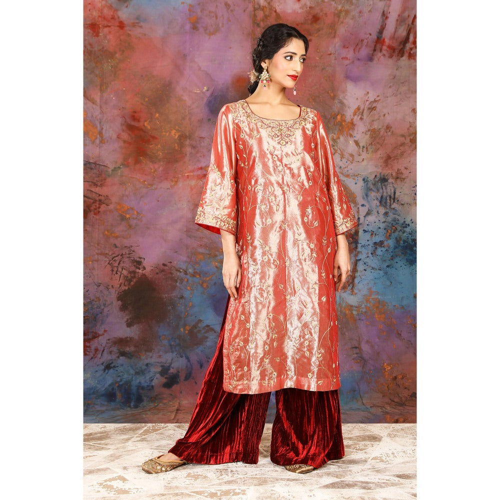 House of Supriya Tissue Coral Kurta With Embroidery Detailing With Palazzo and Slip (Set of 3)