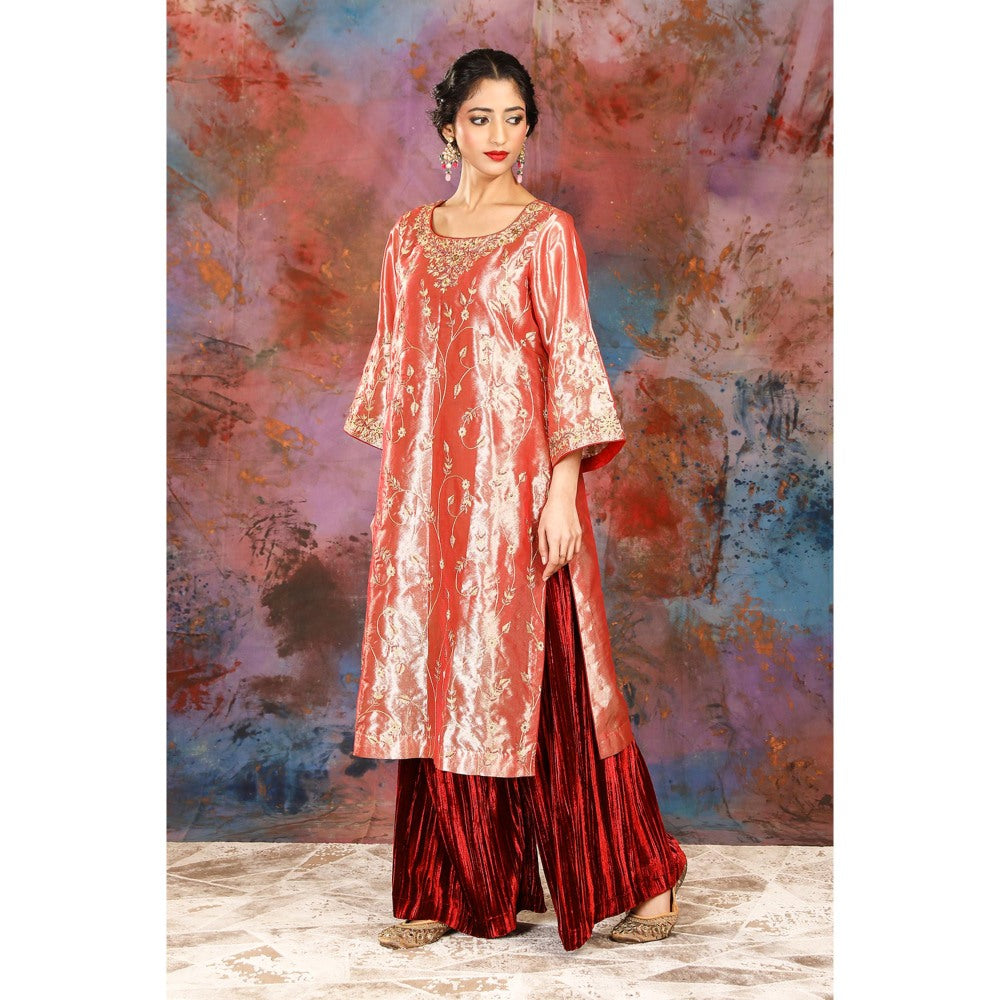 House of Supriya Tissue Coral Kurta With Embroidery Detailing With Palazzo and Slip (Set of 3)