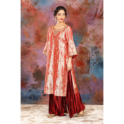 House of Supriya Tissue Coral Kurta With Embroidery Detailing With Palazzo and Slip (Set of 3)
