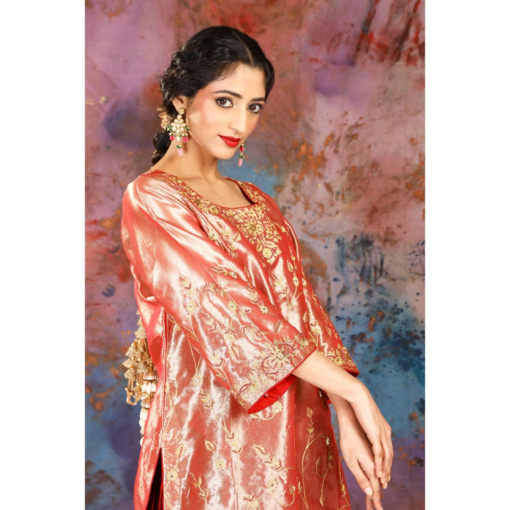 House of Supriya Tissue Coral Kurta With Embroidery Detailing With Palazzo and Slip (Set of 3)