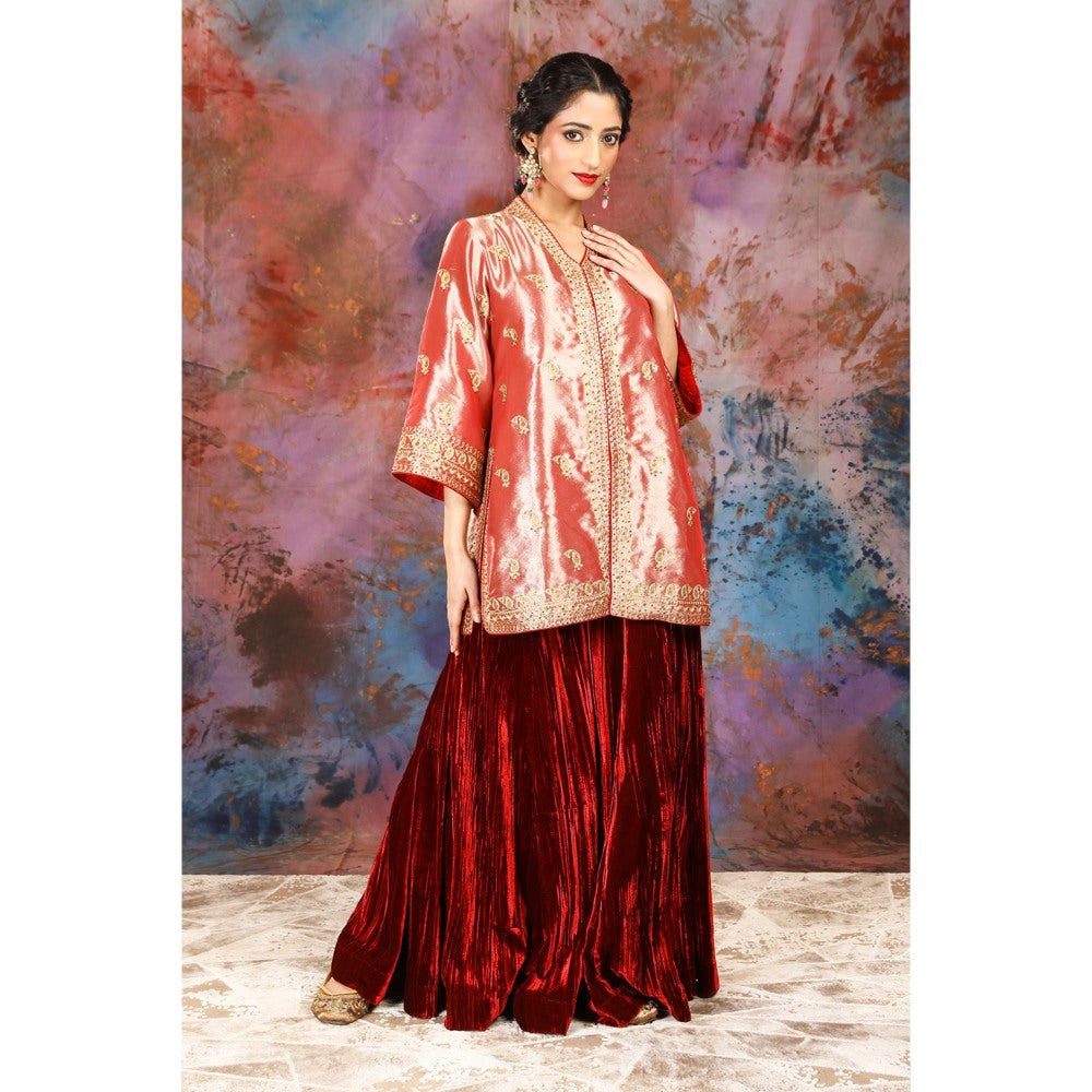 House of Supriya Tissue Coral Jacket With Embroidery With Sharara (Set of 2)
