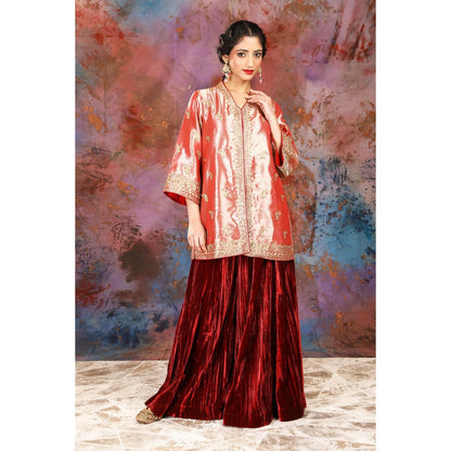 House of Supriya Tissue Coral Jacket With Embroidery With Sharara (Set of 2)