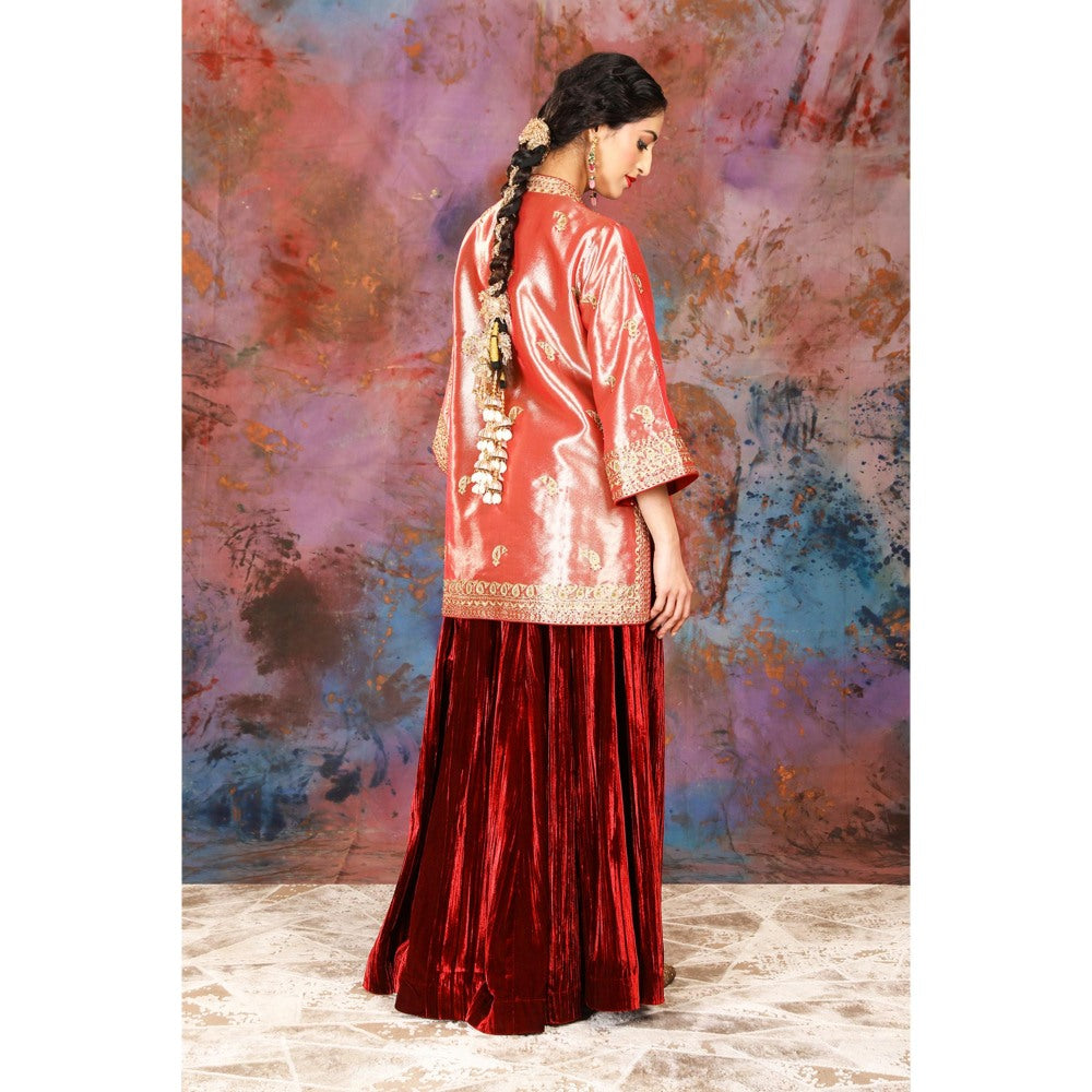 House of Supriya Tissue Coral Jacket With Embroidery With Sharara (Set of 2)