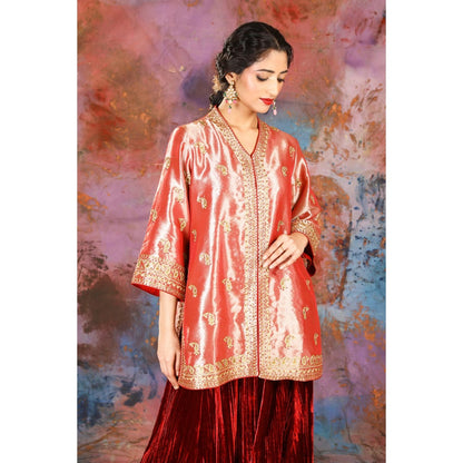 House of Supriya Tissue Coral Jacket With Embroidery With Sharara (Set of 2)