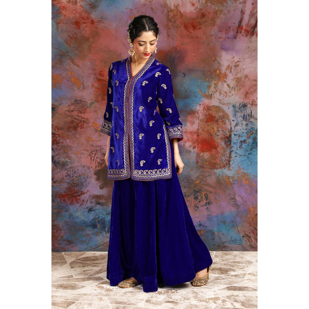 House of Supriya Tissue Blue Jacket With Embroidery With Sharara (Set of 2)