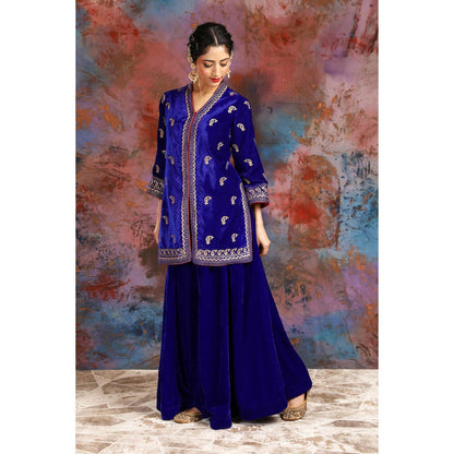 House of Supriya Tissue Blue Jacket With Embroidery With Sharara (Set of 2)