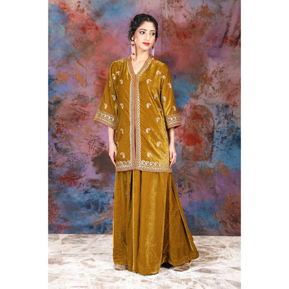 House of Supriya Tissue Mustard Jacket With Embroidery With Sharara (Set of 2)