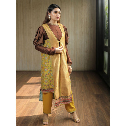 House of Kosh Brown Crop Top with Yellow Asymmetric Jacket and Pants (Set of 3)