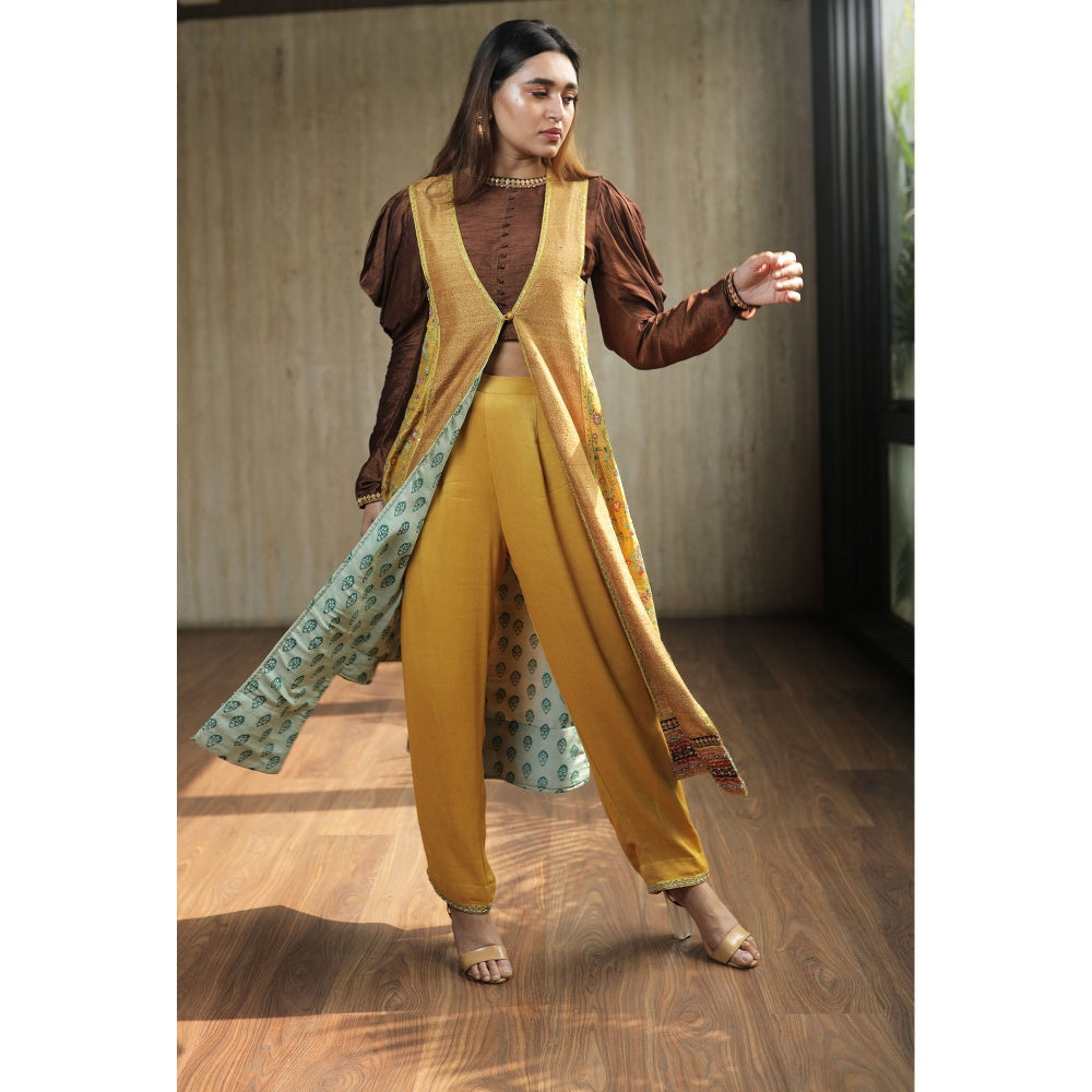 House of Kosh Brown Crop Top with Yellow Asymmetric Jacket and Pants (Set of 3)