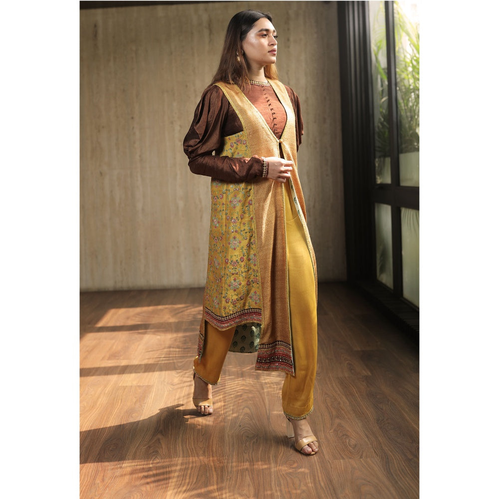 House of Kosh Brown Crop Top with Yellow Asymmetric Jacket and Pants (Set of 3)