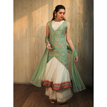 House of Kosh Ivory Flare Kurta with Palazzo-Dupatta and Green Embroidered Jacket (Set of 4)