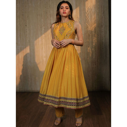 House of Kosh Yellow Cross Back Embroidered Anarkali Kurta and Pant (Set of 2)