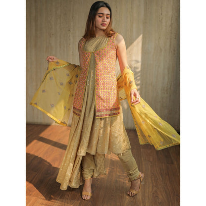 House of Kosh Beige Flared Kurta with Churidar- Dupatta and Jacket (Set of 4)