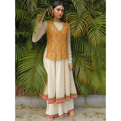House of Kosh Ivory Embroidered Anarkali Kurta with Top and Palazzo (Set of 3)