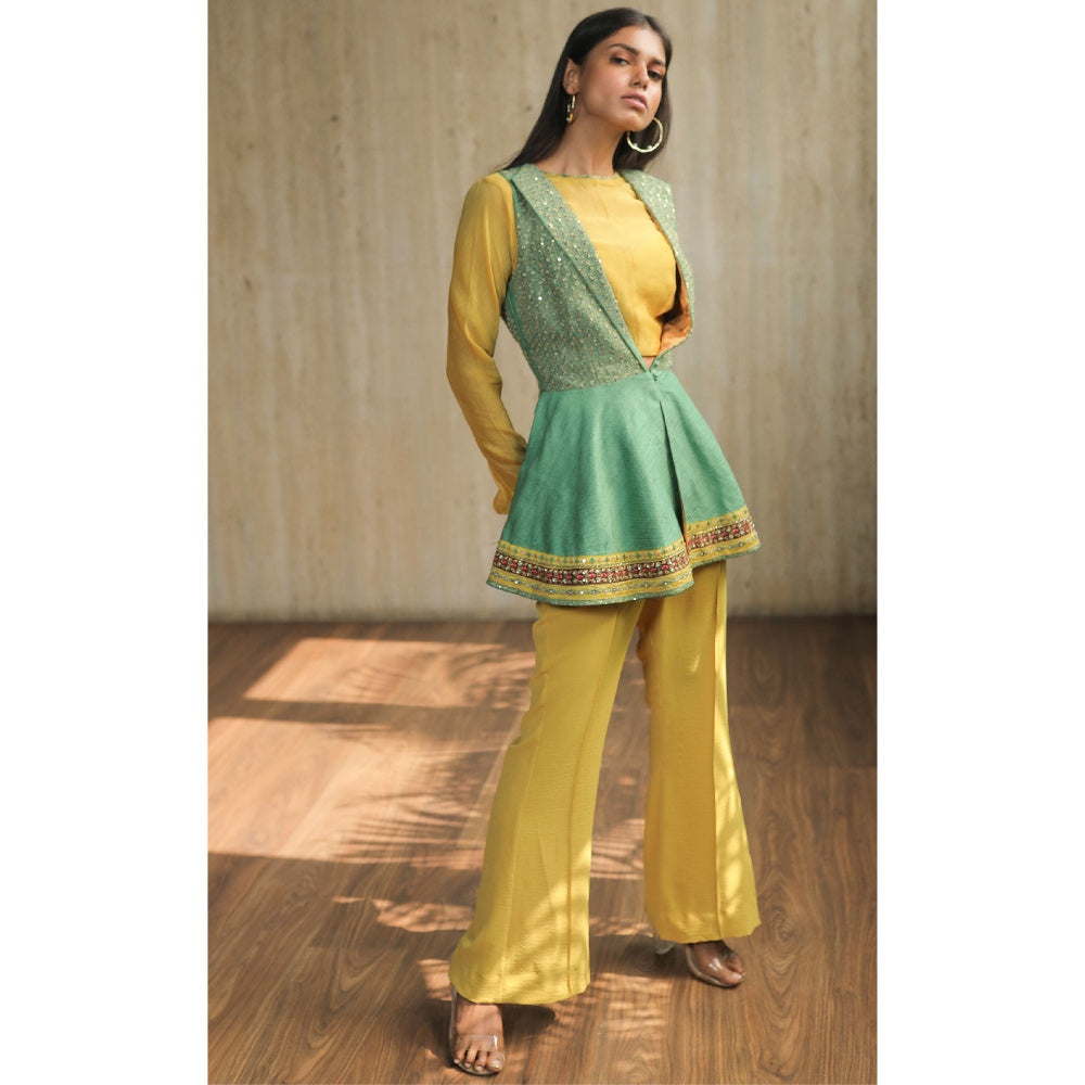 House of Kosh Yellow Crop Top with Embroidered Jacket and Pant (Set of 3)