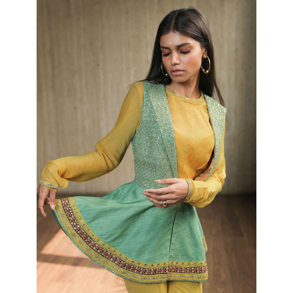 House of Kosh Yellow Crop Top with Embroidered Jacket and Pant (Set of 3)