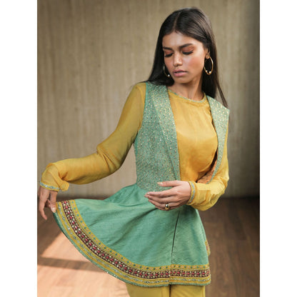 House of Kosh Yellow Crop Top with Embroidered Jacket and Pant (Set of 3)