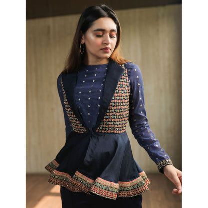 House of Kosh Navy Blue Embroidered Crop Top with Jacket and Pant (Set of 3)