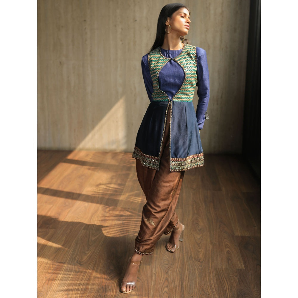 House of Kosh Navy Blue Jacket with Full Sleeves Top and Silk Pants (Set of 3)