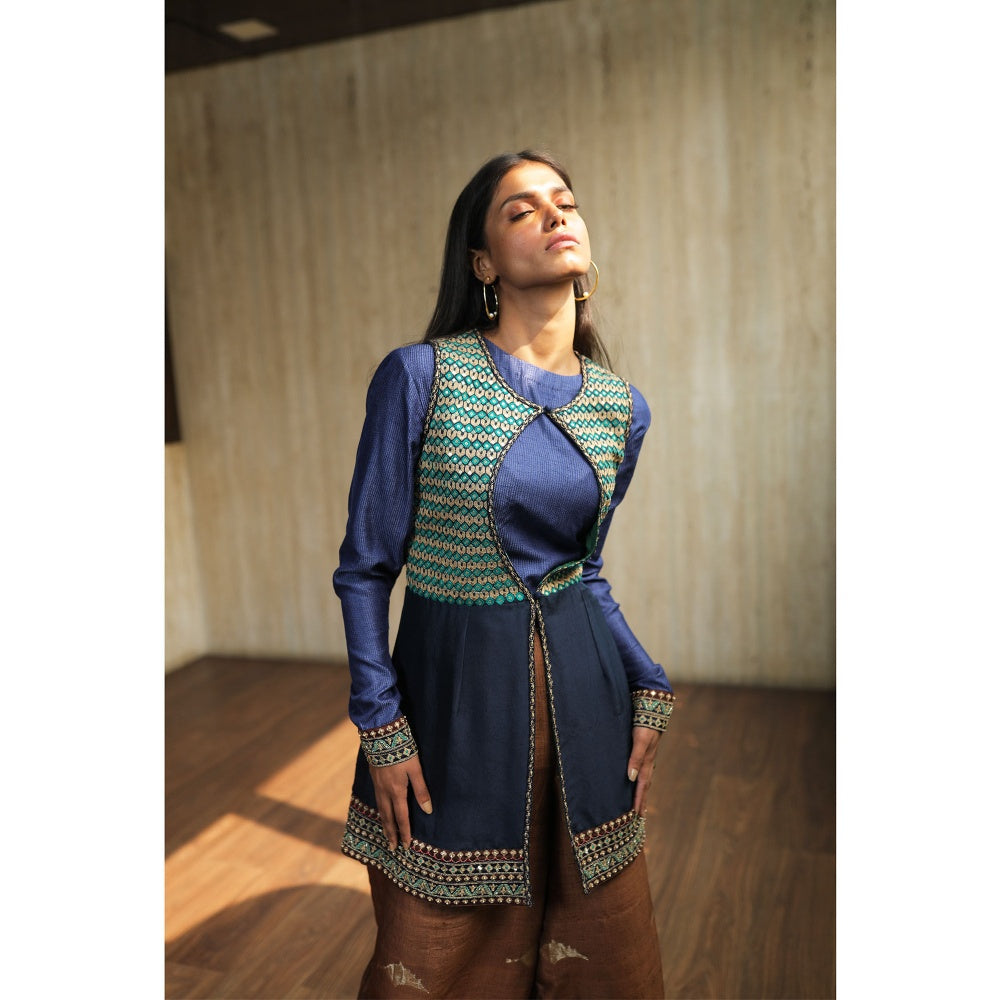 House of Kosh Navy Blue Jacket with Full Sleeves Top and Silk Pants (Set of 3)
