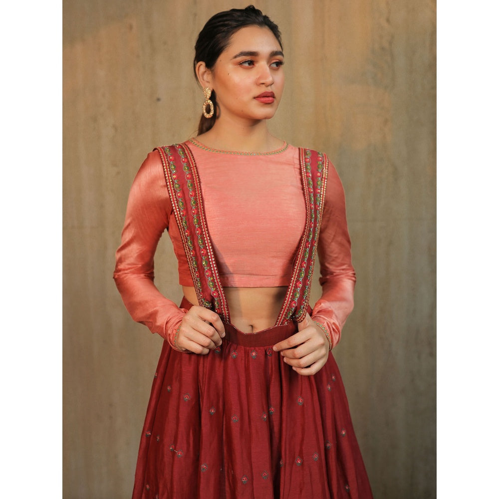 House of Kosh Maroon Embroidered Suspender Skirt with Churidar and Crop Top (Set of 3)