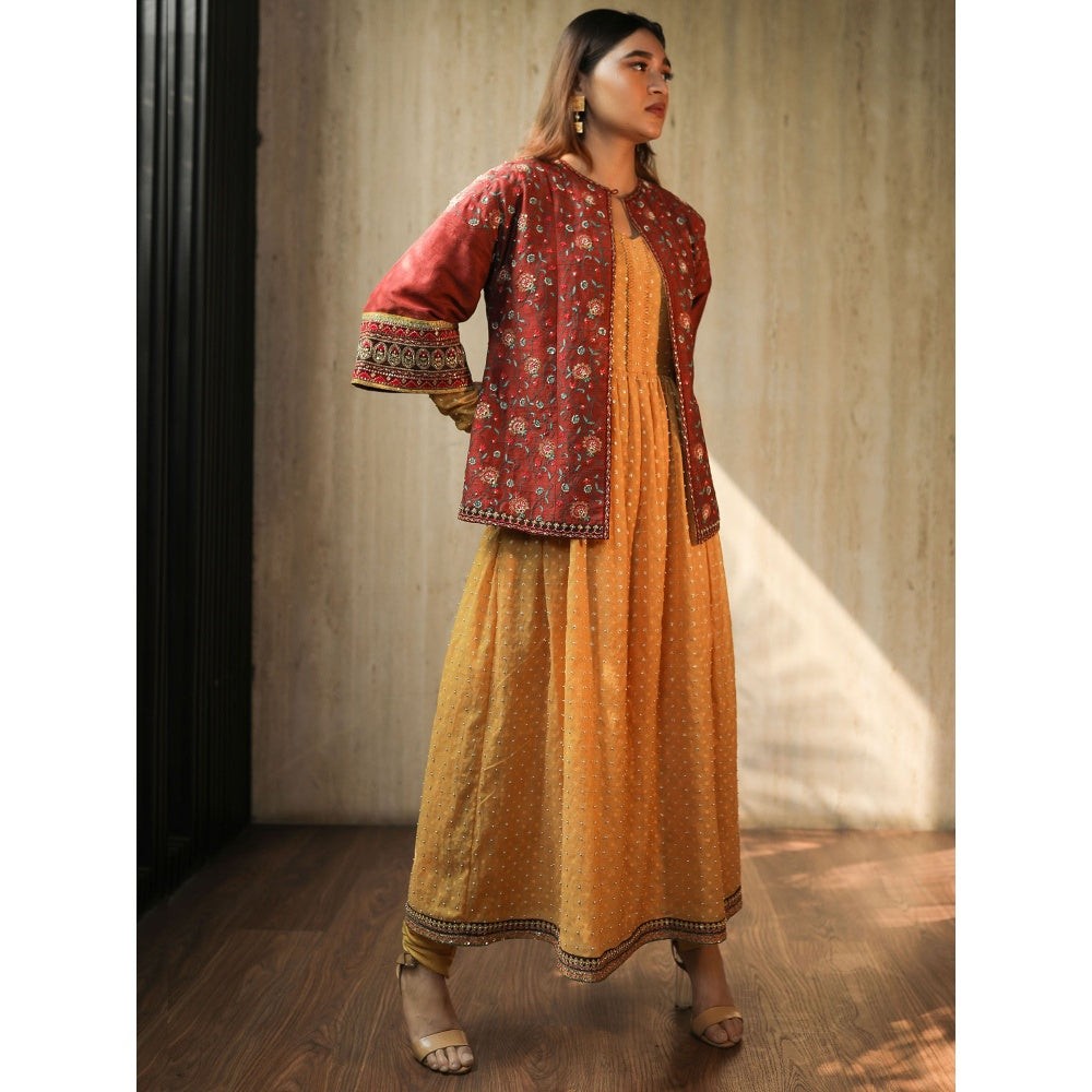 House of Kosh Yellow Flared Kurta with Embroidered Jacket and Churidar (Set of 3)