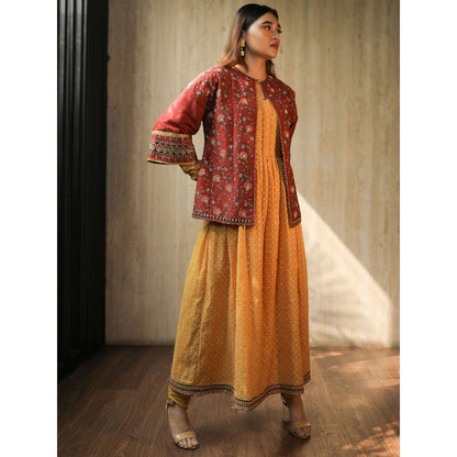 House of Kosh Yellow Flared Kurta with Embroidered Jacket and Churidar (Set of 3)