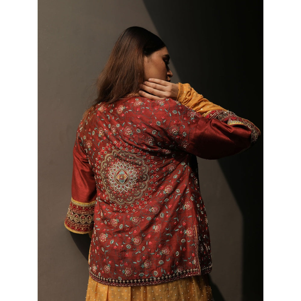 House of Kosh Yellow Flared Kurta with Embroidered Jacket and Churidar (Set of 3)