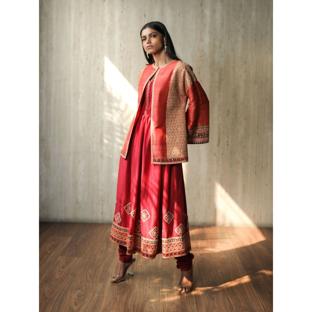 House of Kosh Maroon Flared Kurta with Embroidered Jacket and Churidar (Set of 3)