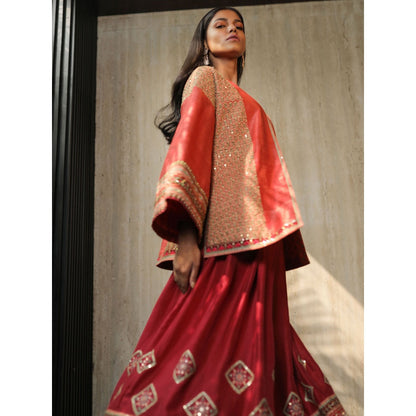 House of Kosh Maroon Flared Kurta with Embroidered Jacket and Churidar (Set of 3)