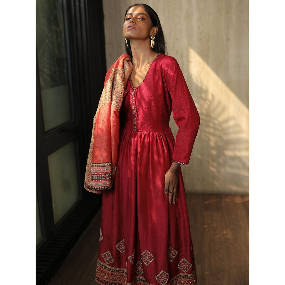 House of Kosh Maroon Flared Kurta with Embroidered Jacket and Churidar (Set of 3)