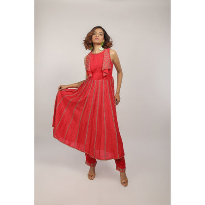 House of Kosh Cherry Red Embroidered Anarkali Kurta and Pant (Set of 2)