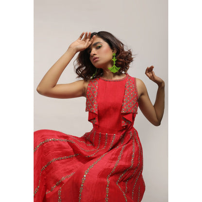 House of Kosh Cherry Red Embroidered Anarkali Kurta and Pant (Set of 2)