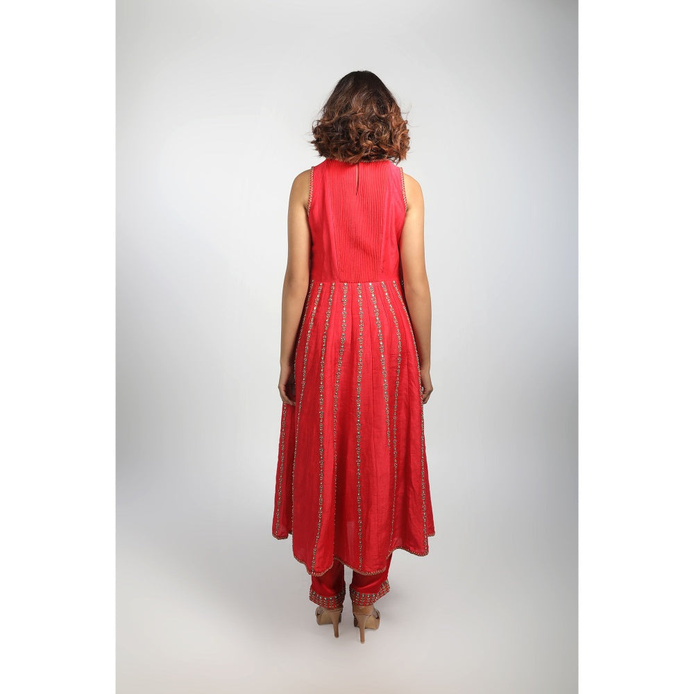 House of Kosh Cherry Red Embroidered Anarkali Kurta and Pant (Set of 2)