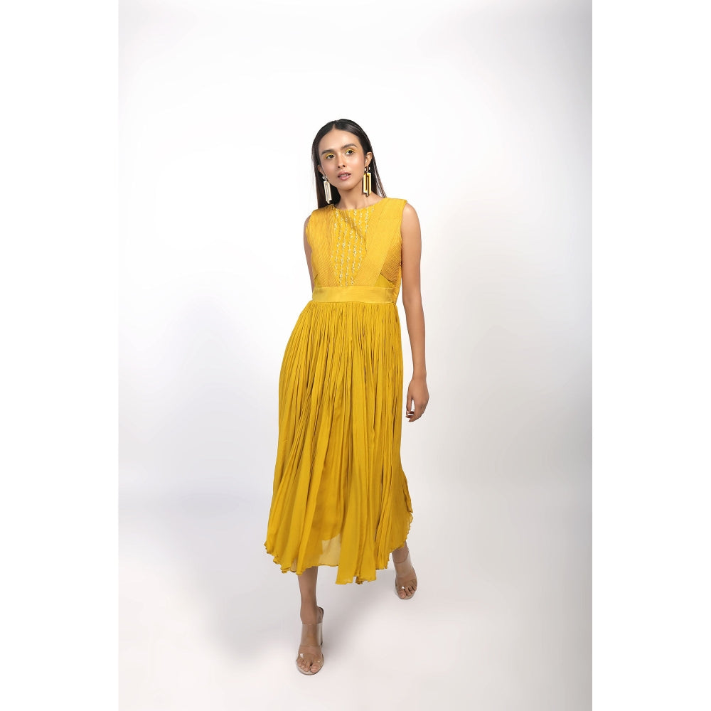House of Kosh Yellow Boat Neck Embroidered-Sequined Dress