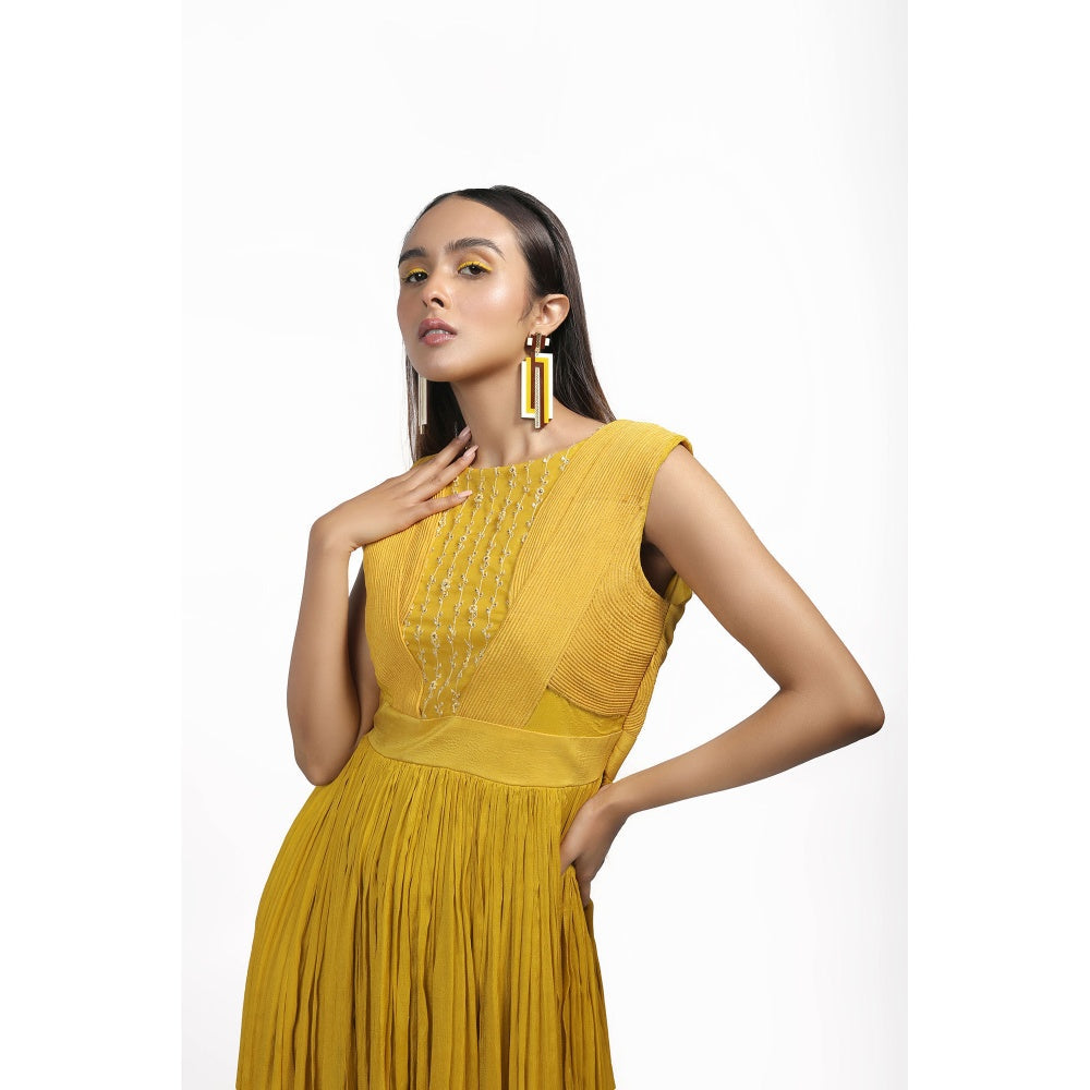 House of Kosh Yellow Boat Neck Embroidered-Sequined Dress