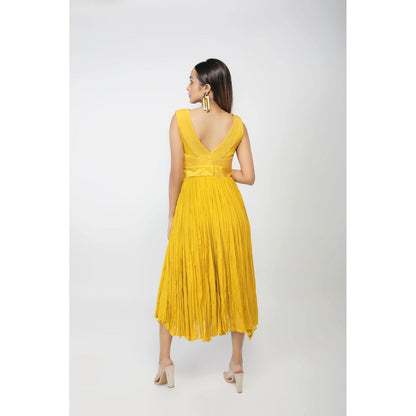 House of Kosh Yellow Boat Neck Embroidered-Sequined Dress