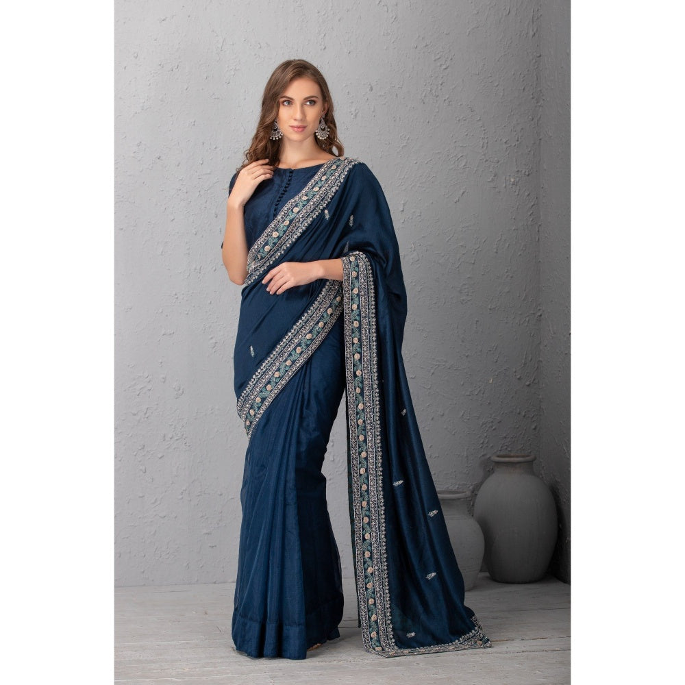 House of Tushaom Mid Might Blue Chanderi Silk Saree without Blouse