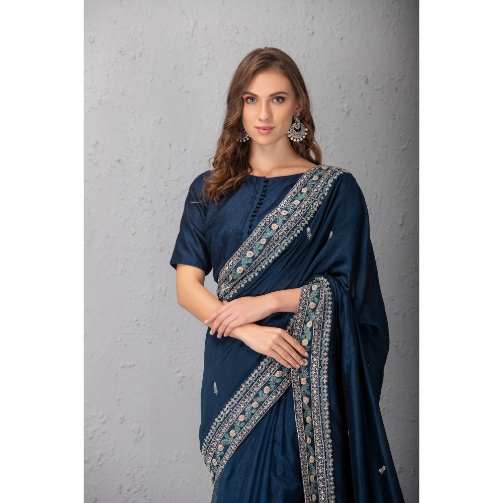 House of Tushaom Mid Might Blue Chanderi Silk Saree without Blouse