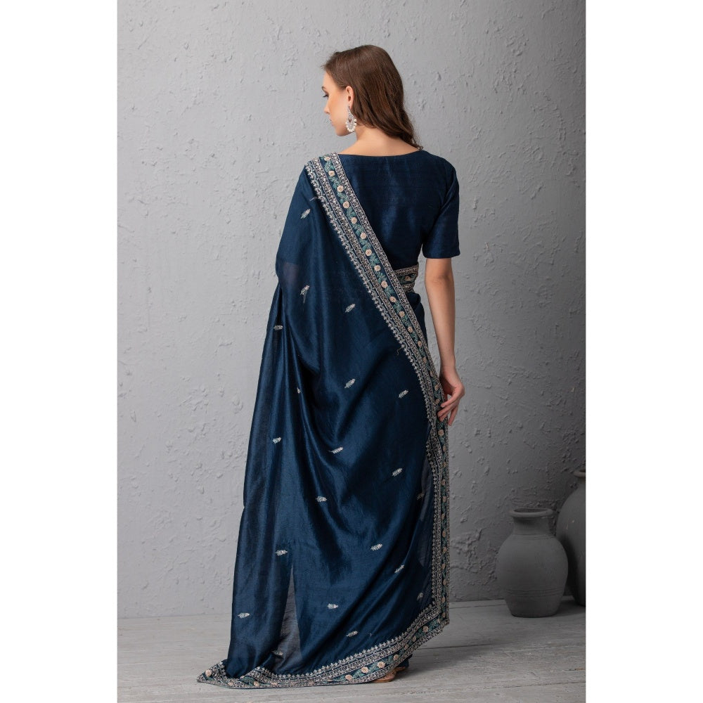 House of Tushaom Mid Might Blue Chanderi Silk Saree without Blouse