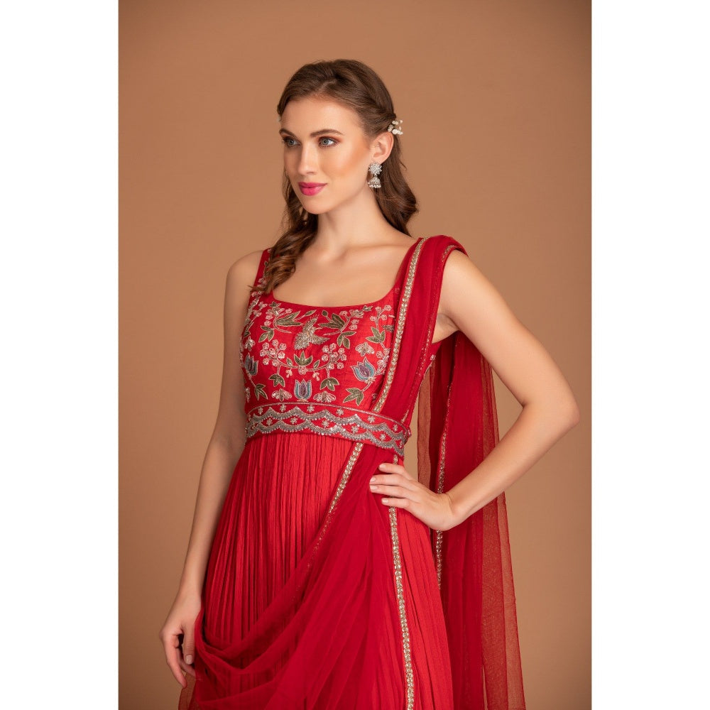 House of Tushaom Red Anarkali with Sperate Belt and Dupatta (Set of 3)